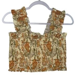 Petal + Pup Smocked Floral Crop Top Ruffle Strap Off White Orange Green Size L